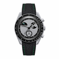 Sporty chronograph watch with gray dial and black textile strap featuring green stitching