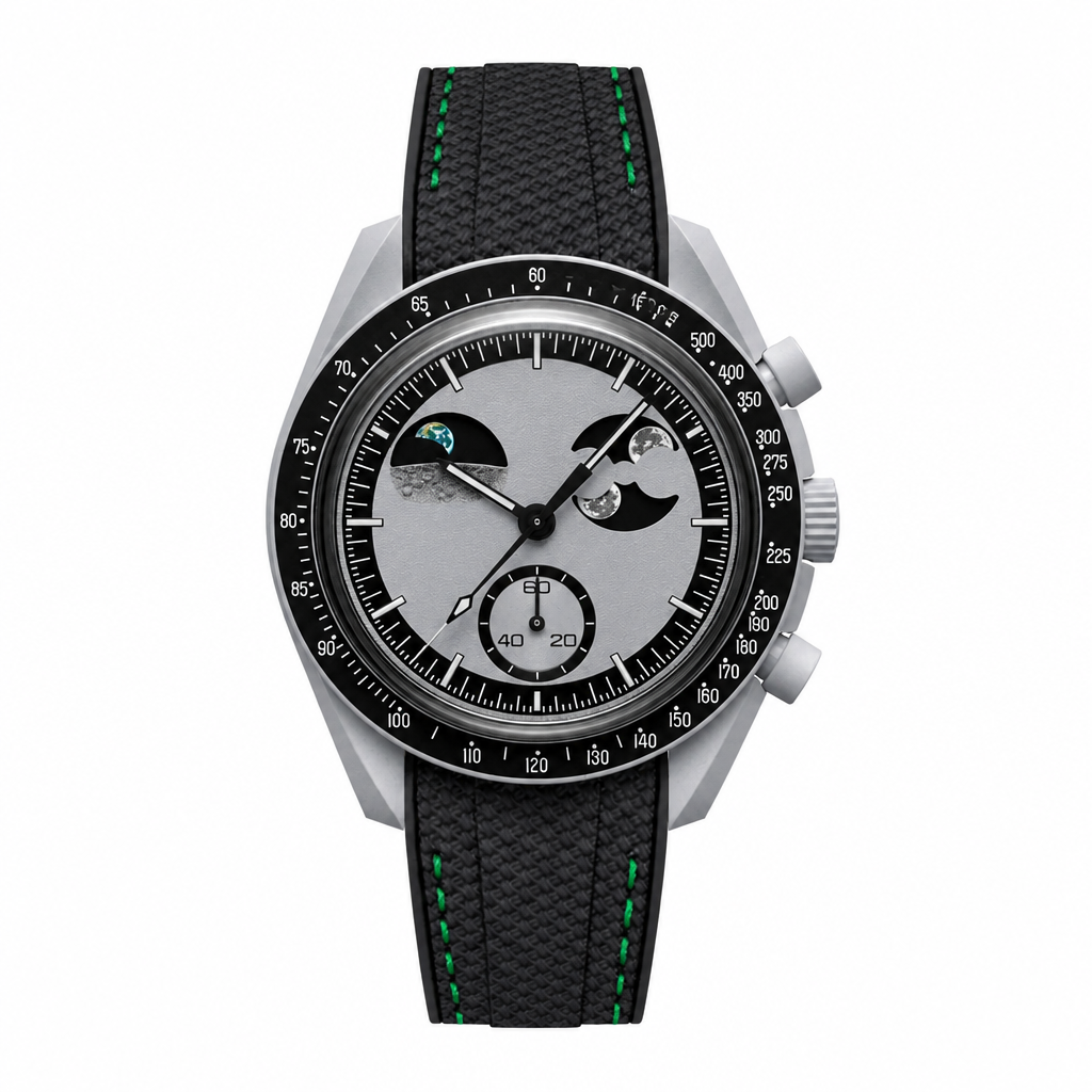Sporty chronograph watch with gray dial and black textile strap featuring green stitching
