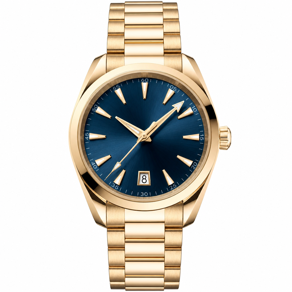 Gold-tone dress watch with blue dial and metal bracelet, 38mm case size