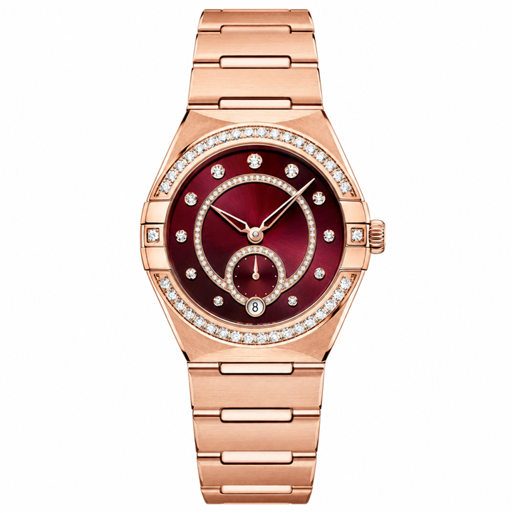 Women's rose gold tone dress watch with red dial and diamond accents 34mm product photo