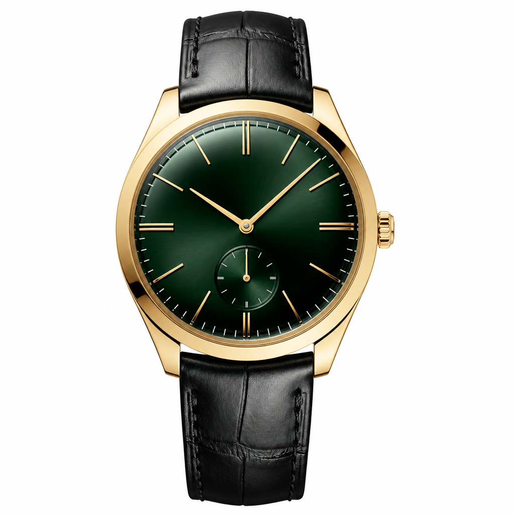 Dress watch with gold-tone case, green dial, and black leather strap on white background