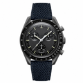 Chronograph wristwatch with dark dial and blue fabric strap on white background