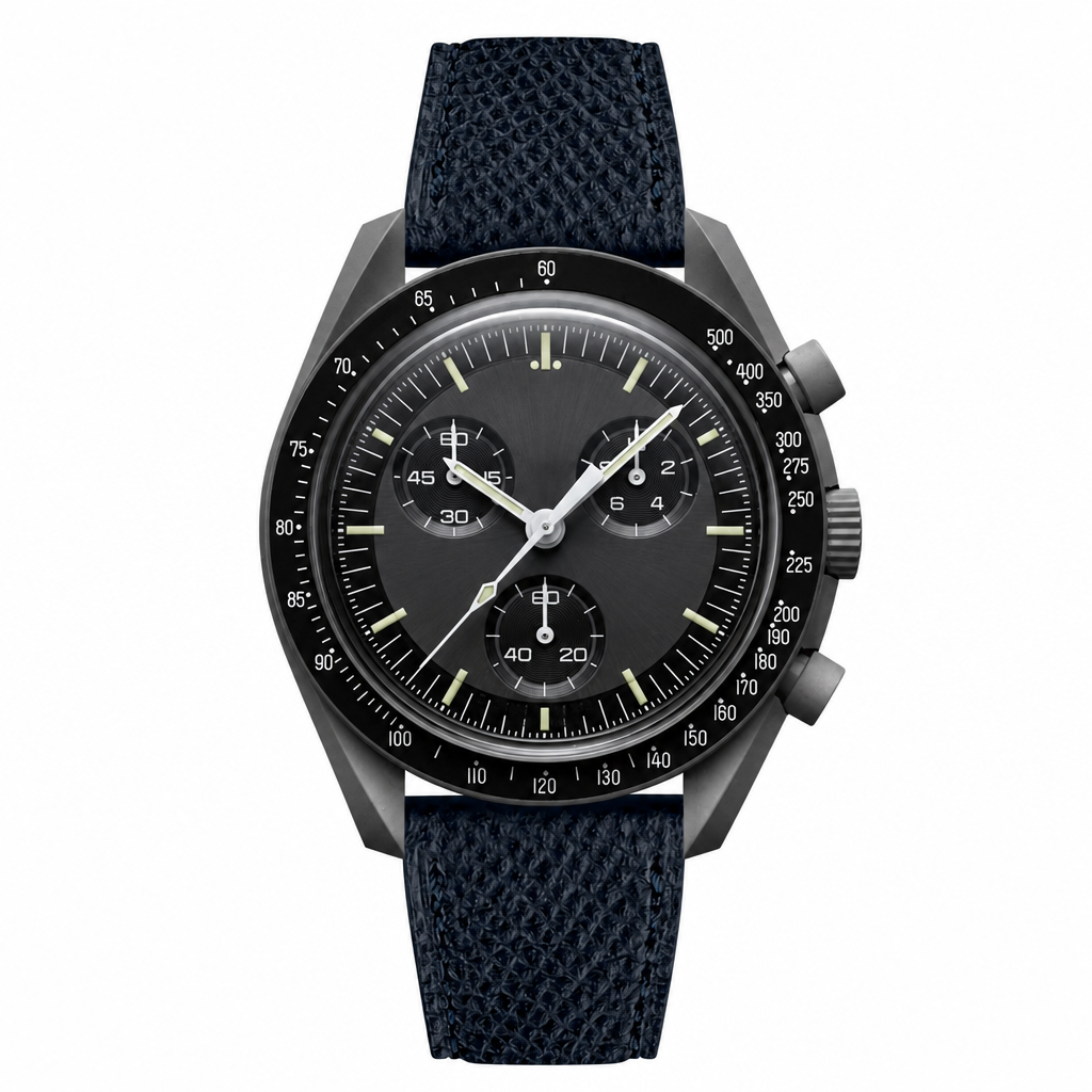 Chronograph wristwatch with dark dial and blue fabric strap on white background