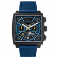 Sport chronograph watch with dark square case and blue textured strap