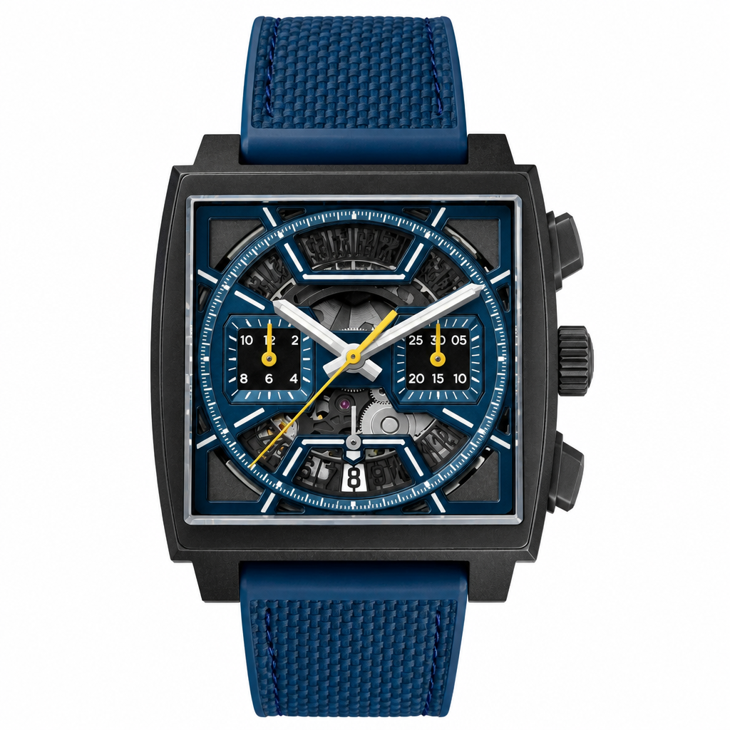 Sport chronograph watch with dark square case and blue textured strap