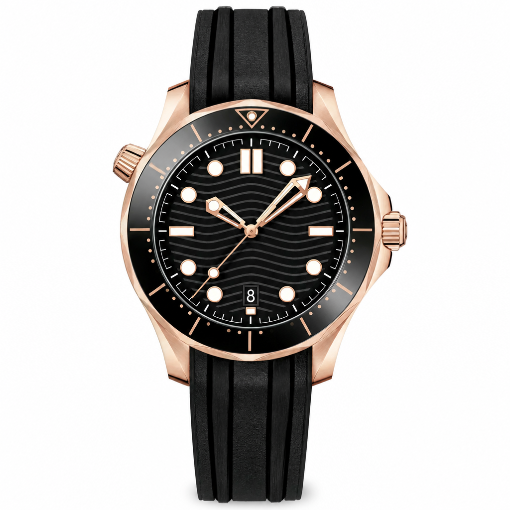 Sport watch with rose gold-tone case and black rubber strap, 42mm size.