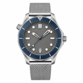 Stainless steel watch with gray dial and blue bezel, 42mm, mesh strap