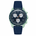 Sport chronograph watch with navy blue dial, leather strap, and mint green case on white background