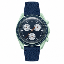 Relógio cronógrafo esportivo compacto com pulseira de couro azul-marinho