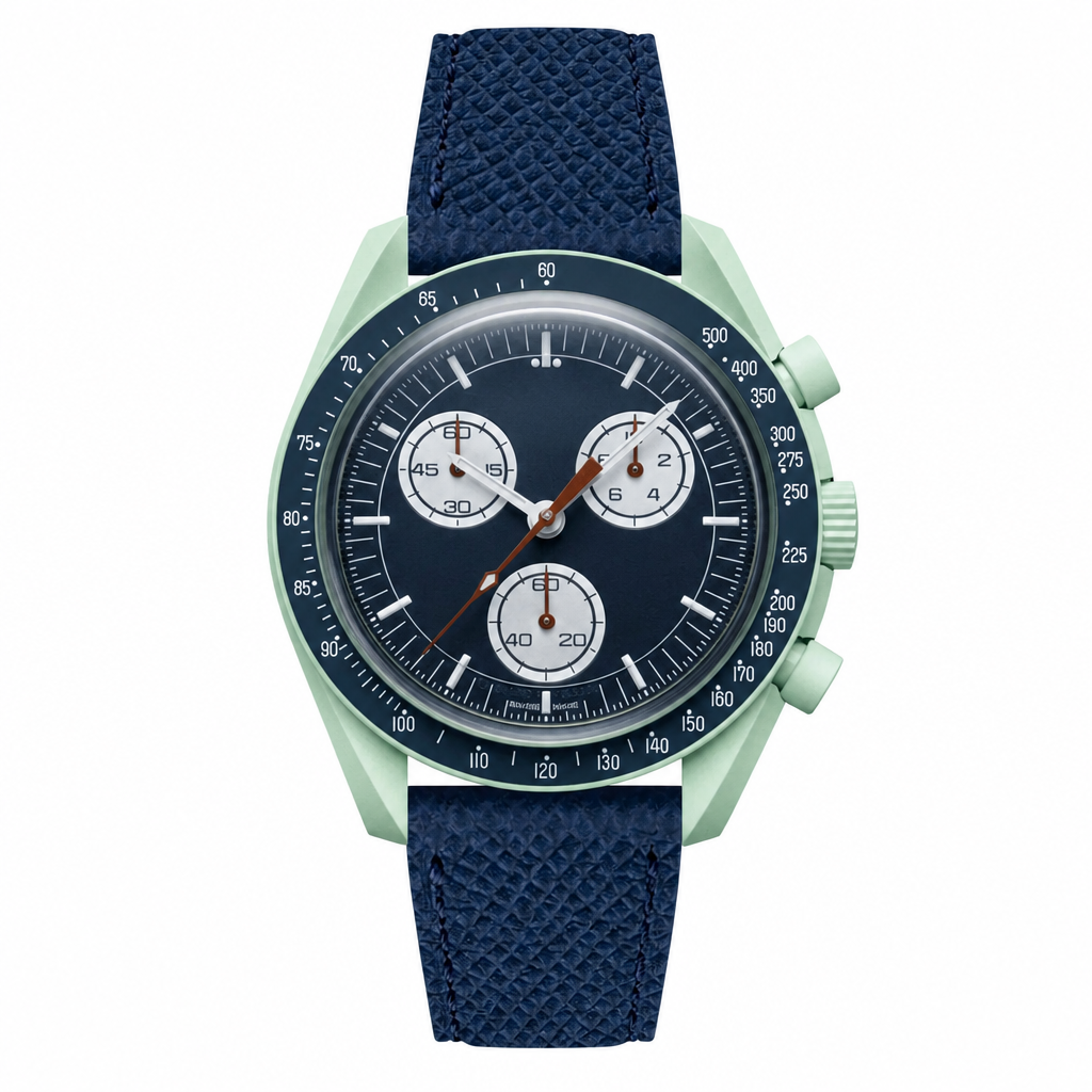 Sport chronograph watch with navy blue dial, leather strap, and mint green case on white background