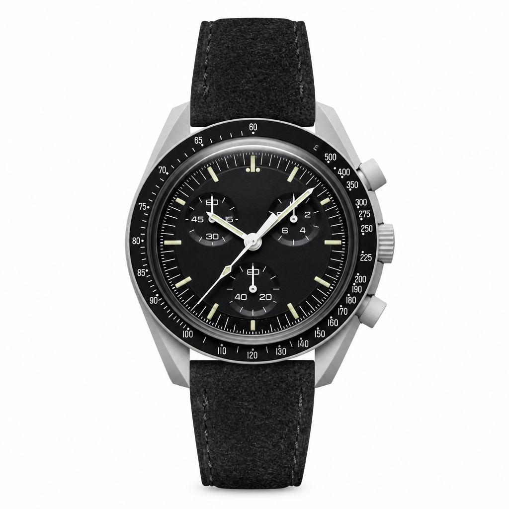 Black chronograph watch with black dial and suede strap on white background product photo
