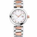 Elegant two-tone metal 34mm watch with white mother-of-pearl dial and crystal markers