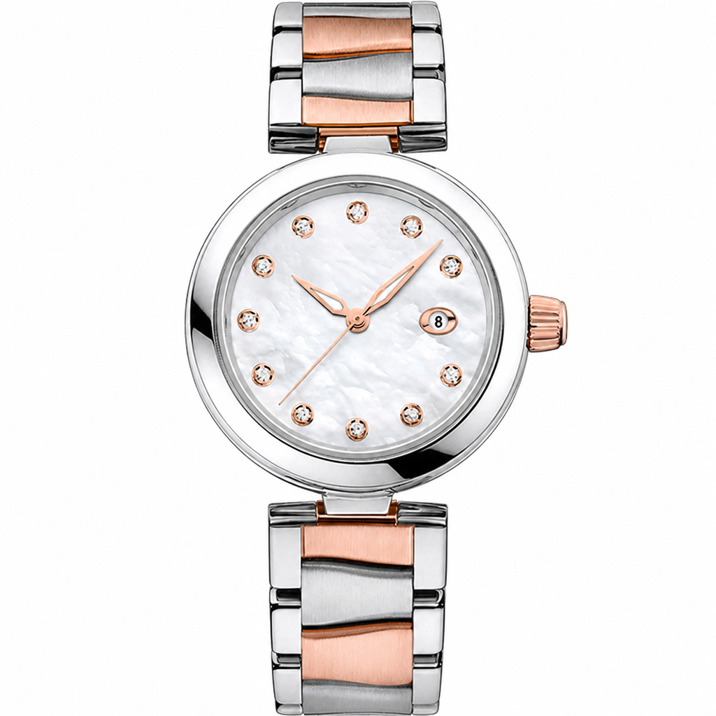 Elegant two-tone metal 34mm watch with white mother-of-pearl dial and crystal markers