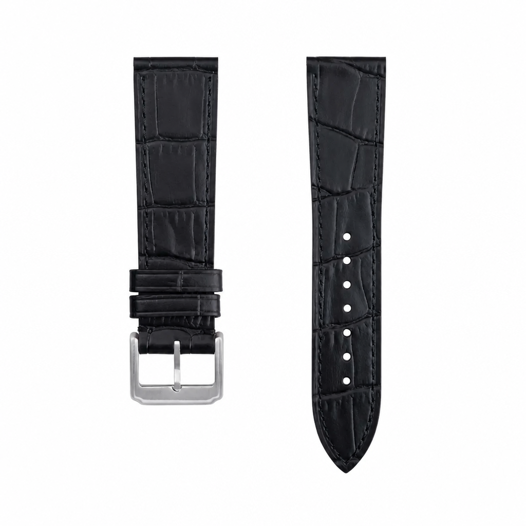 Black embossed leather watch strap 21mm on white background