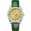 Dress watch with gold-tone dial, green gem markers, steel case, and green leather strap