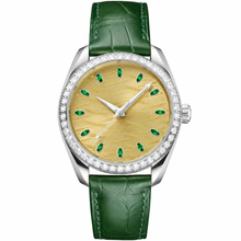 Relógio social com pulseira de couro verde, 38 mm