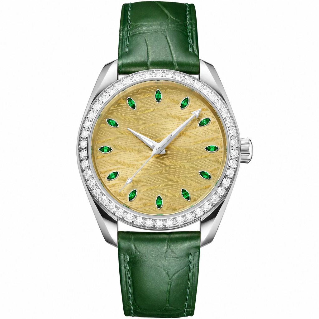 Dress watch with gold-tone dial, green gem markers, steel case, and green leather strap