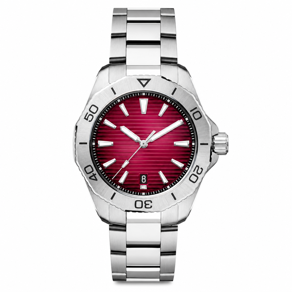 Sport casual watch with red dial and silver metal bracelet