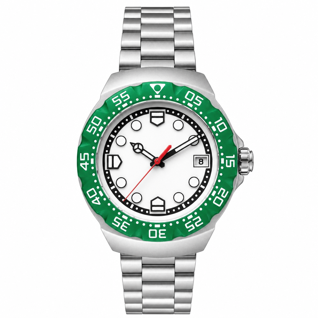 Sport-Casual watch with white dial, green bezel, and metal bracelet on white background
