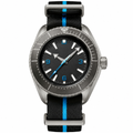 Sport watch with black dial and blue accents on black and blue fabric strap