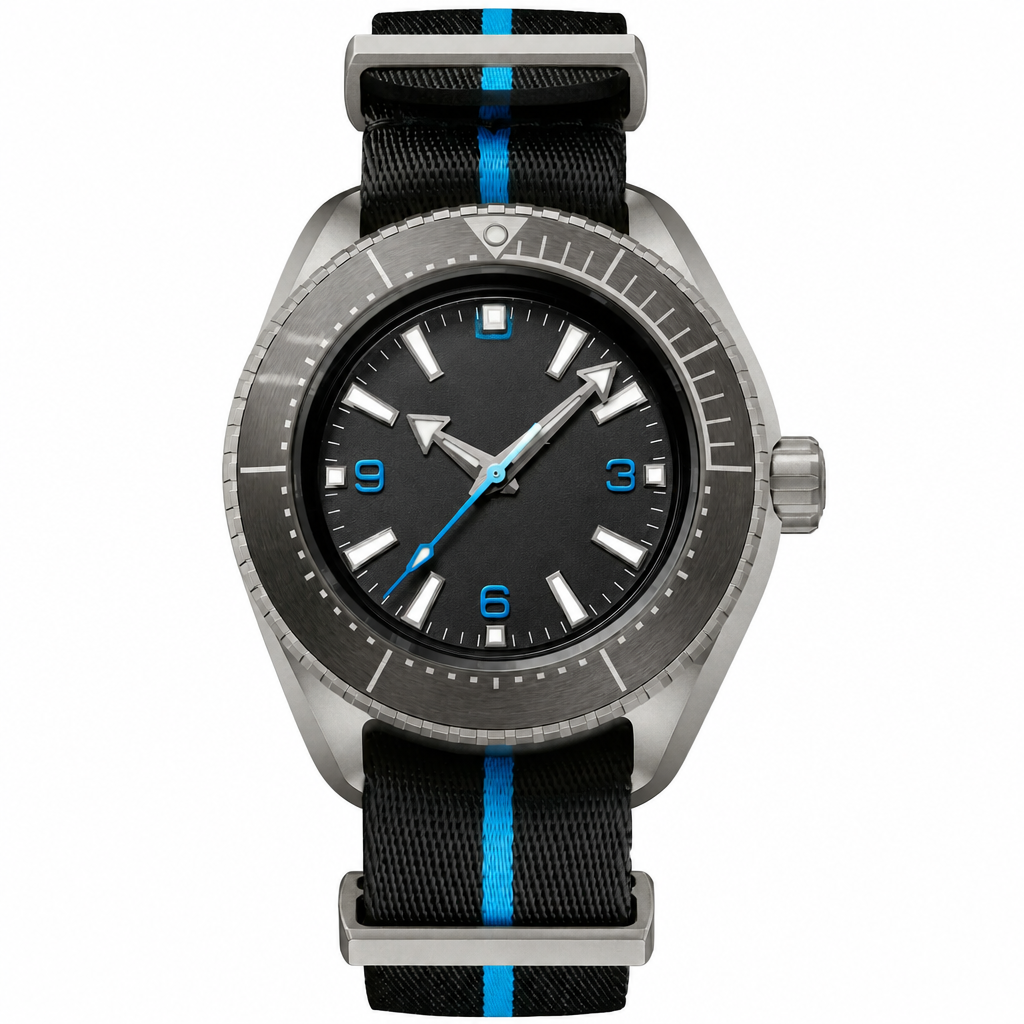 Sport watch with black dial and blue accents on black and blue fabric strap