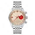 Chronograph wristwatch with silver metal bracelet and beige dial with red accent subdial on white background