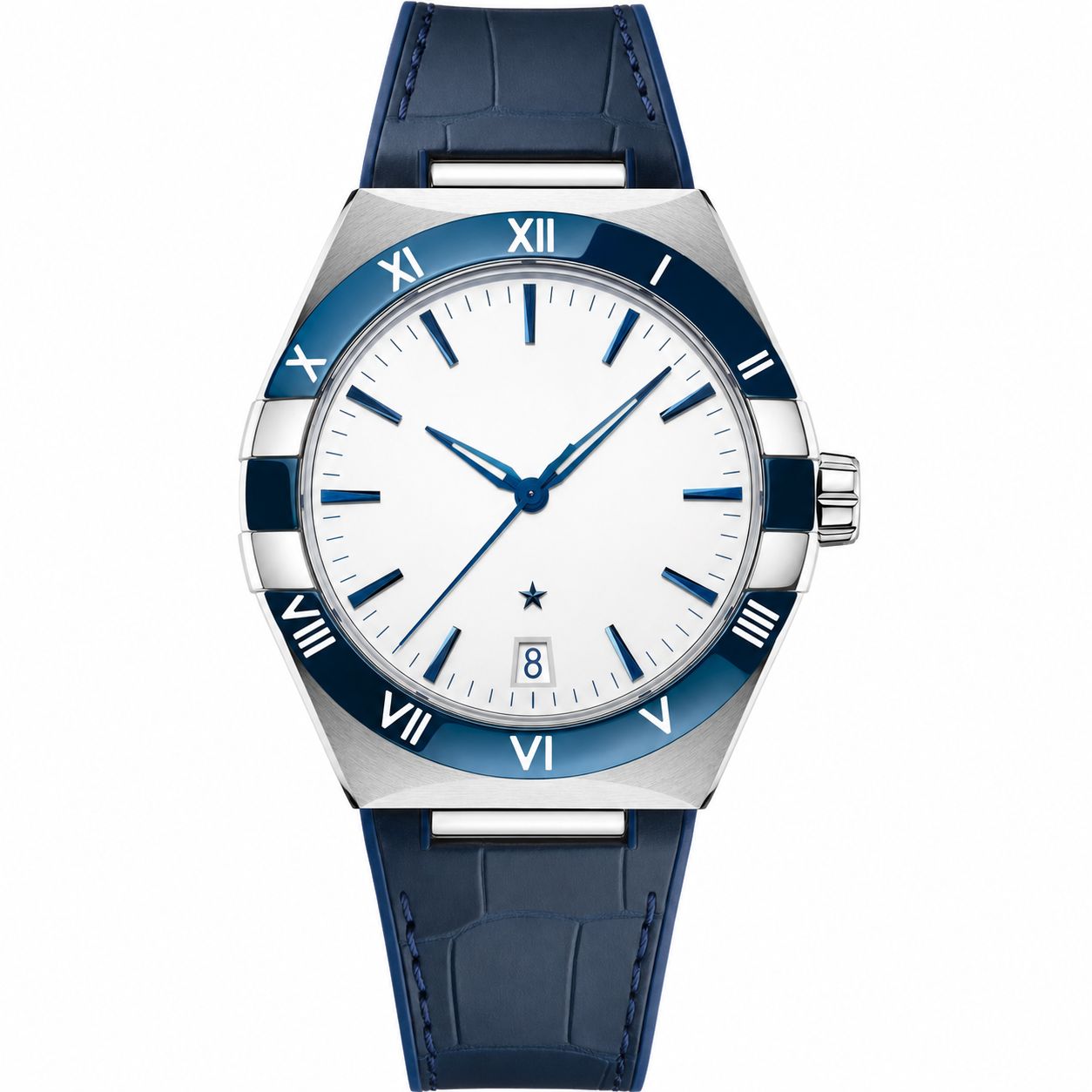 Men's dress watch with white dial, blue markers, silver case, and blue leather strap