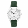 White dial dress watch with dark green suede strap and white case on white background