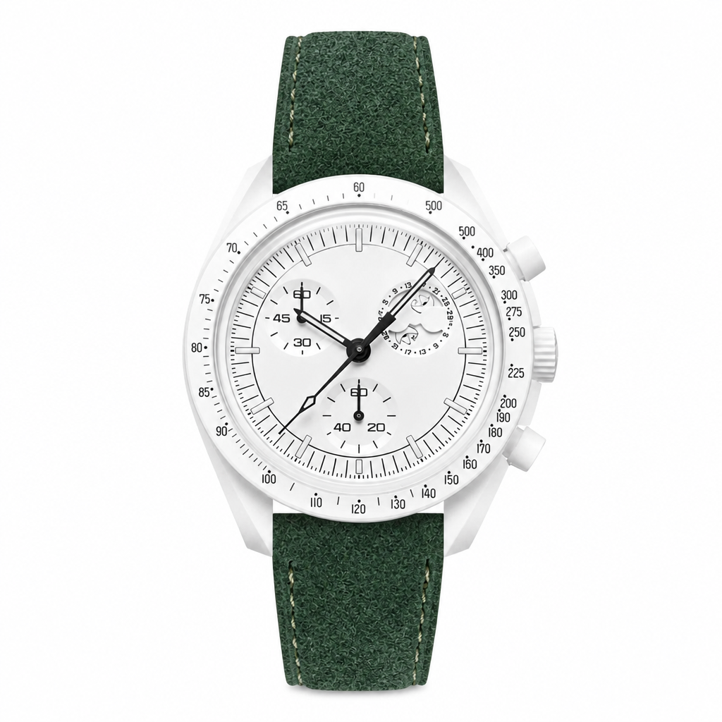 White dial dress watch with dark green suede strap and white case on white background