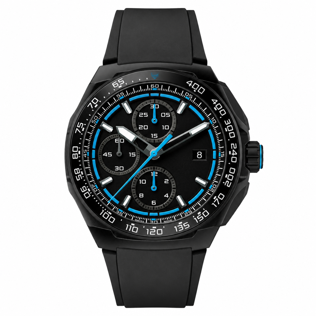Sport chronograph watch with black dial, blue accents, and black rubber strap