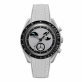 Modern Moon Phase Watch with light gray rubber strap against white background
