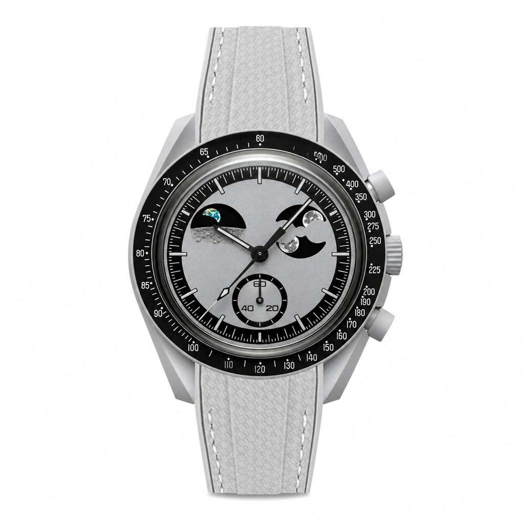Modern Moon Phase Watch with light gray rubber strap against white background