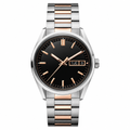 Two-tone metal dress watch with black dial and rose gold-tone markers