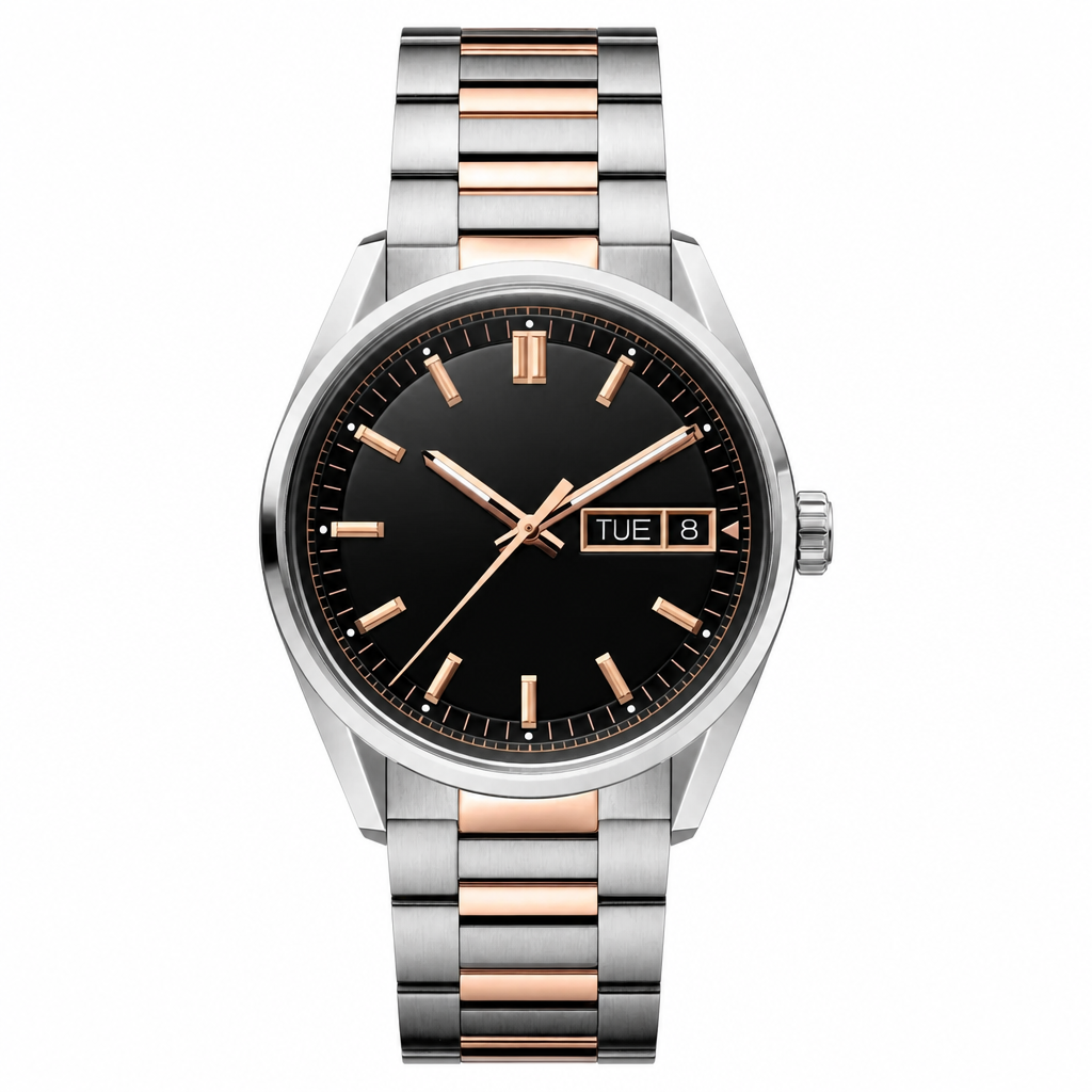 Two-tone metal dress watch with black dial and rose gold-tone markers