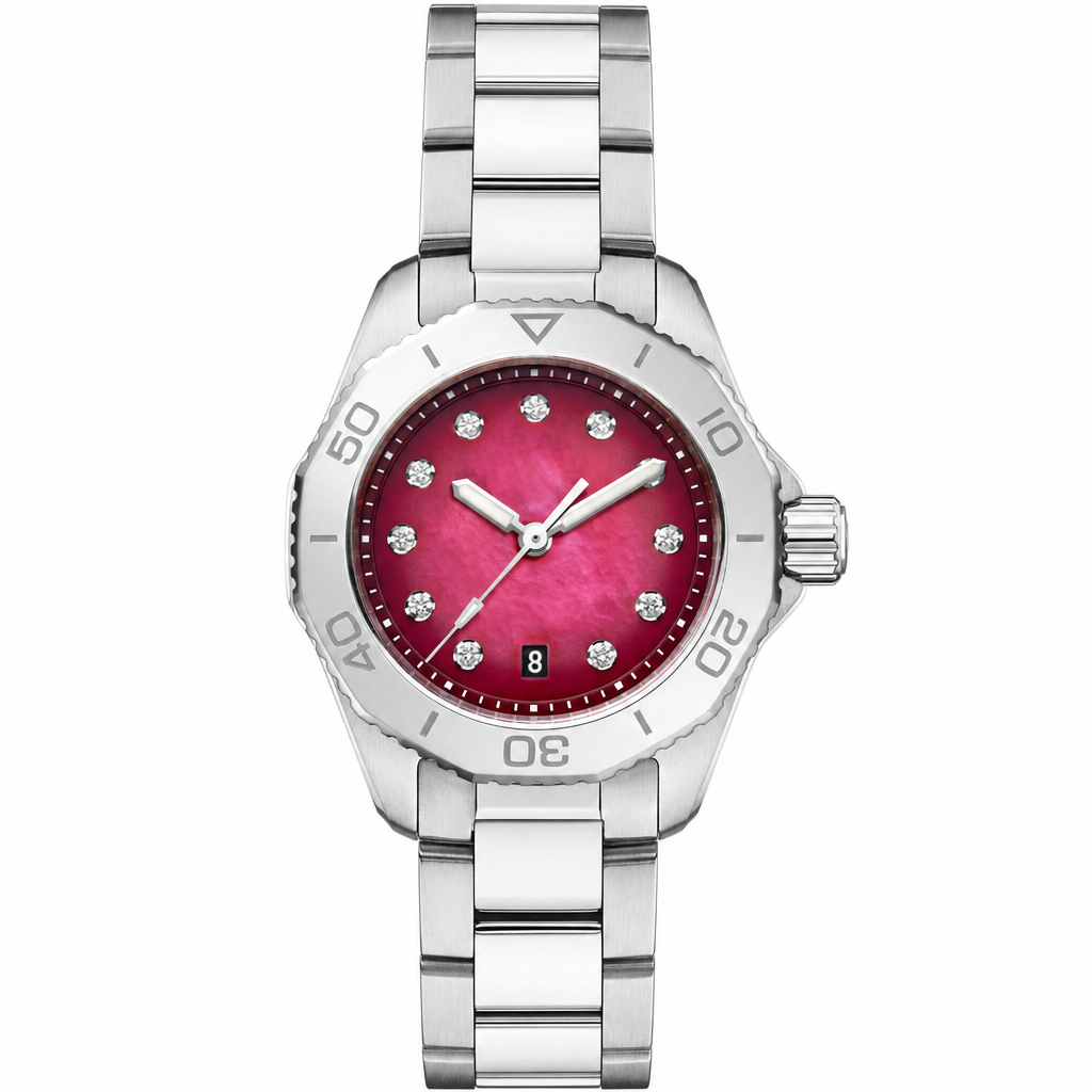 Sporty watch with red dial and stainless steel bracelet, 30mm size