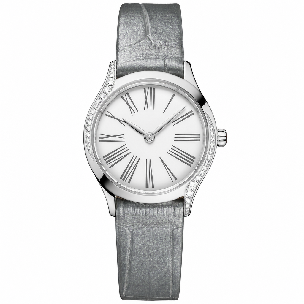 Elegant women's dress watch with silver case, rhinestones, white dial, and light gray leather strap