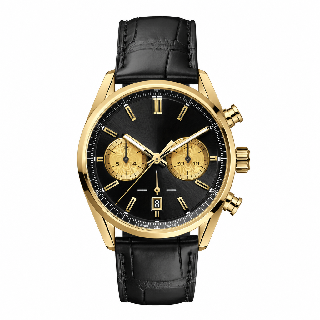 Gold tone dress chronograph watch with black dial and black leather strap on white background