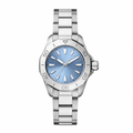 Silver metal watch with a light blue dial and metal bracelet strap product photo