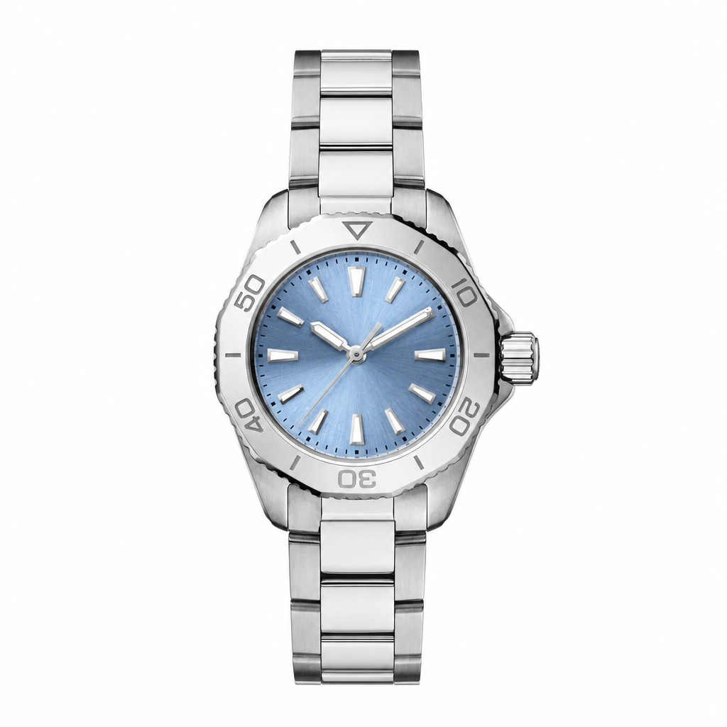 Silver metal watch with a light blue dial and metal bracelet strap product photo