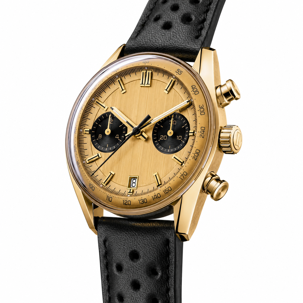 Gold-tone chronograph watch with black leather strap product photo