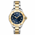 Two-tone metal dress watch with blue dial and crystal hour markers