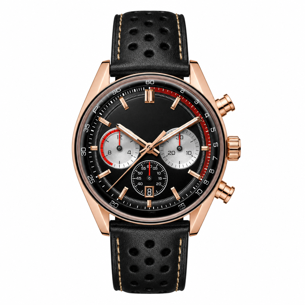 Rose gold tone chronograph watch with black leather perforated strap and black dial