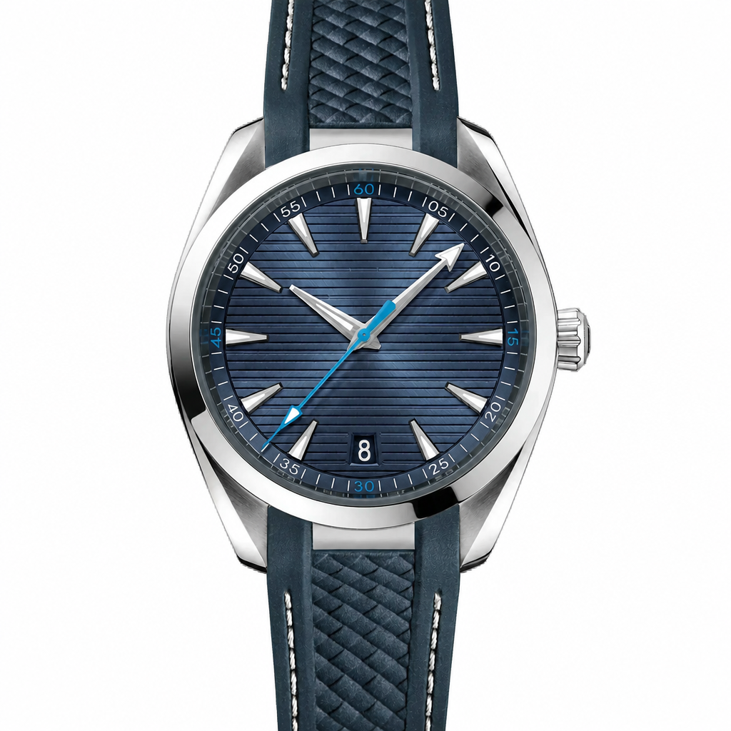 Sporty blue dial watch with silver case and blue rubber strap, 41mm size