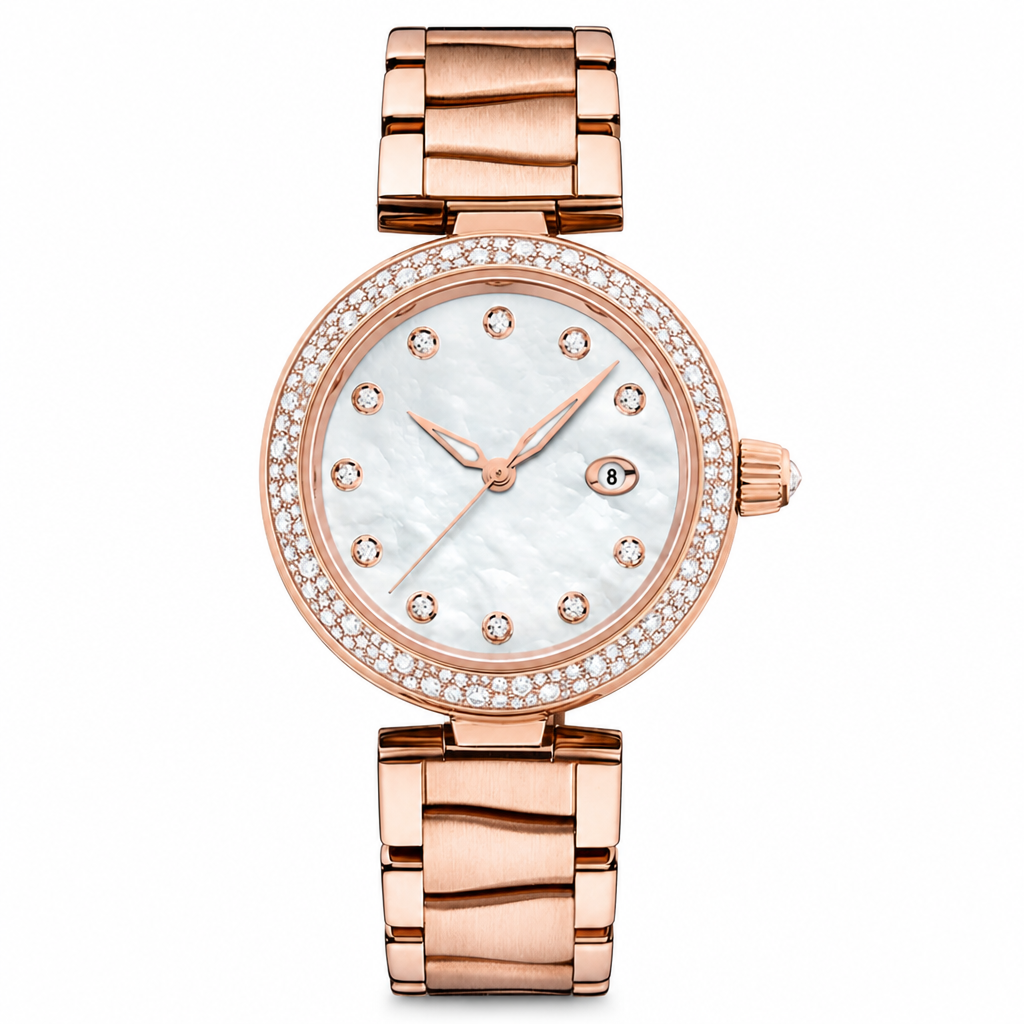 Women's rose gold tone dress watch with mother of pearl dial and crystal markers