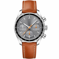 38mm chronograph watch with gray dial, black bezel, silver case, and brown leather strap on white background