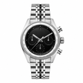 Chronograph watch with black dial and silver metal bracelet on white background