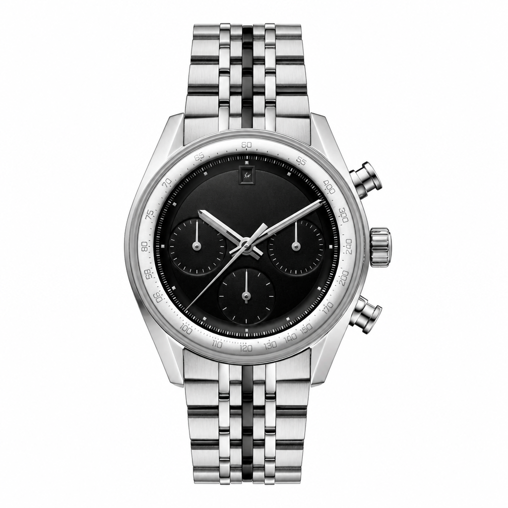 Chronograph watch with black dial and silver metal bracelet on white background