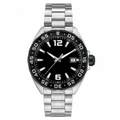 Men's silver metal bracelet watch with black dial and black bezel on white background