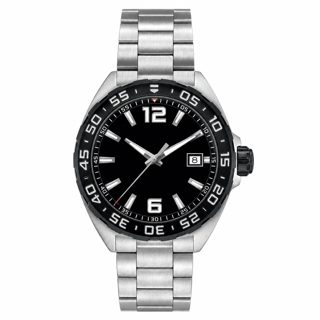 Men's silver metal bracelet watch with black dial and black bezel on white background