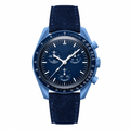 Blue chronograph watch with blue suede strap on white background
